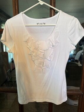 Cato White Short Sleeve Ruffle Bib Scoop Neck Knit Top Womens Small